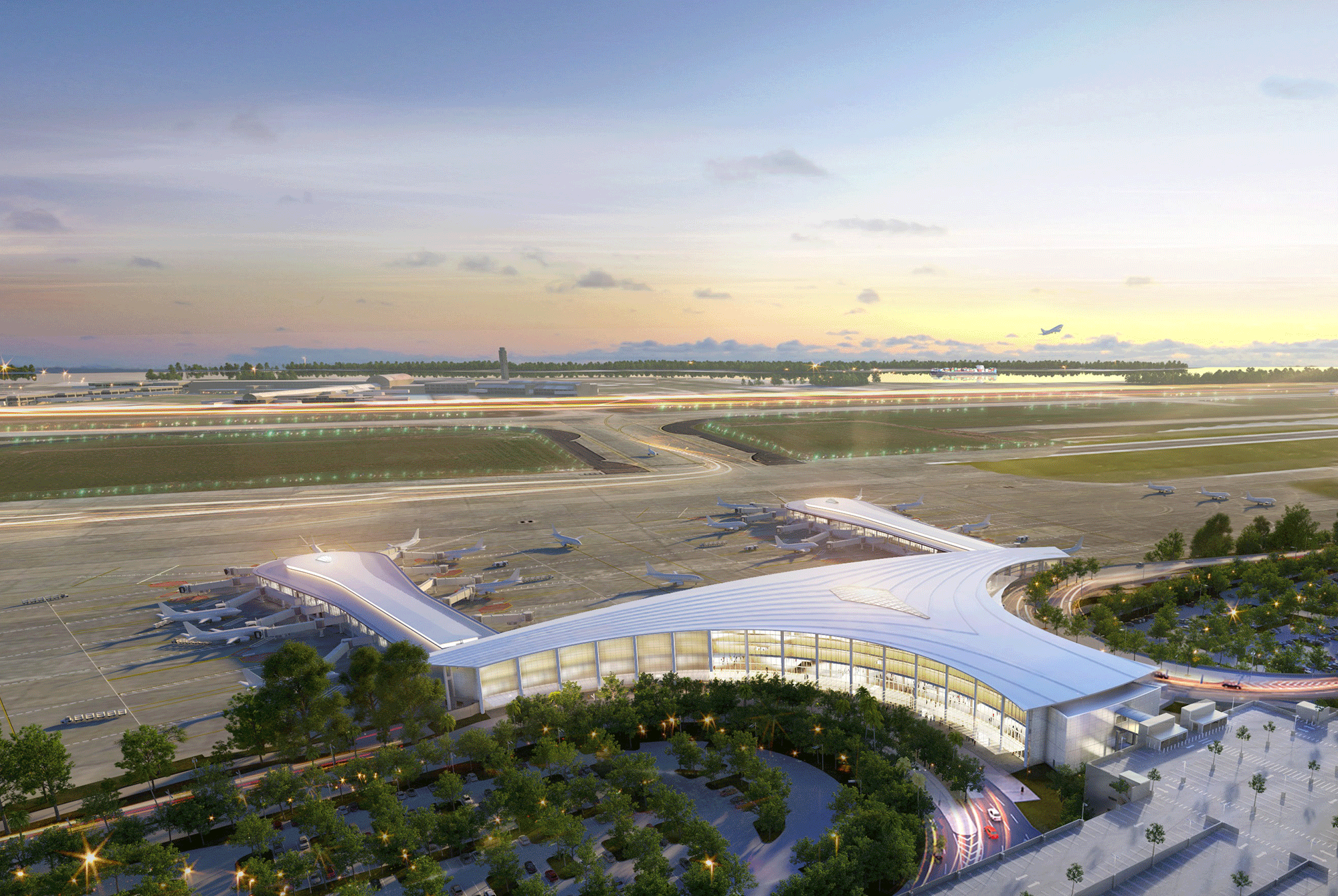 An aerial images of an airport at dusk
