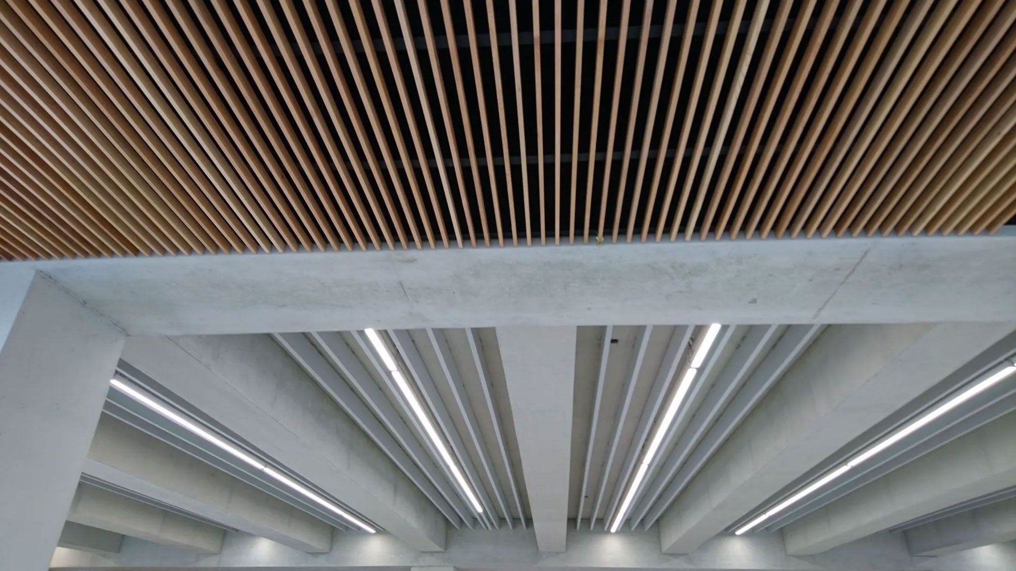 Smooth architectural concrete beams and slabs contrasted with a slat ceiling and integrated linear LED lighting inside the Calgary Central Library.