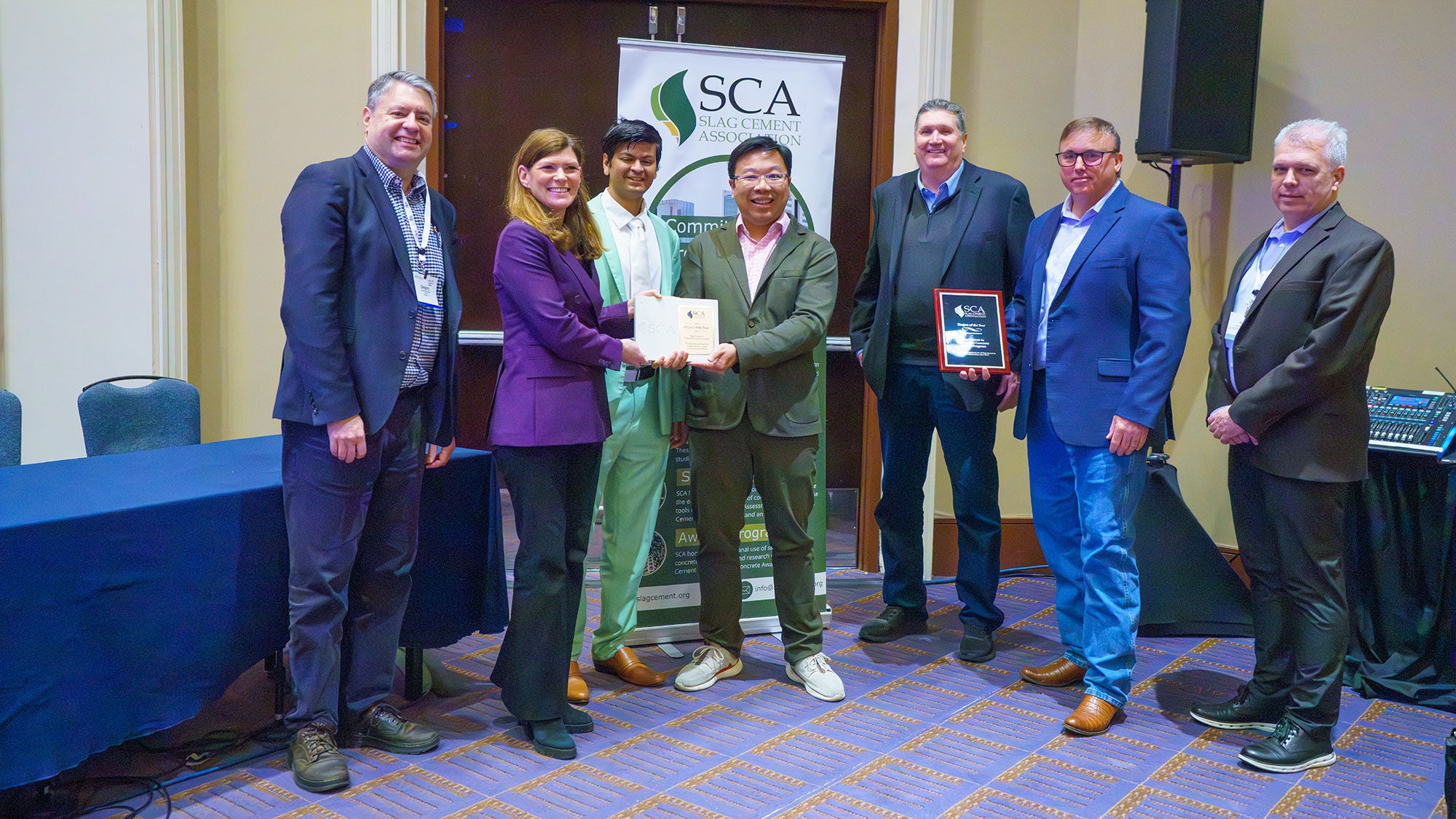 Representatives from Meta, the University of Illinois Urbana-Champaign, and Amrize accepting an award for lower-carbon concrete at the Slag Cement Association Awards 2026.