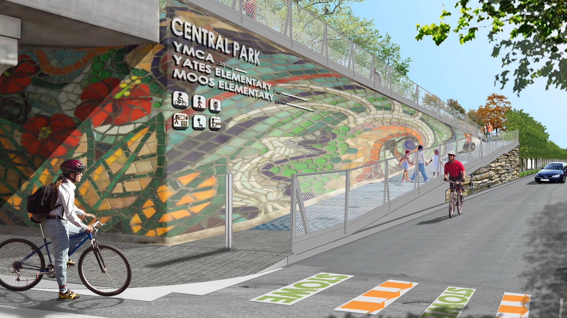 A rendering of a trail access point with cyclists on the road and a family walking up the access path to the trail.
