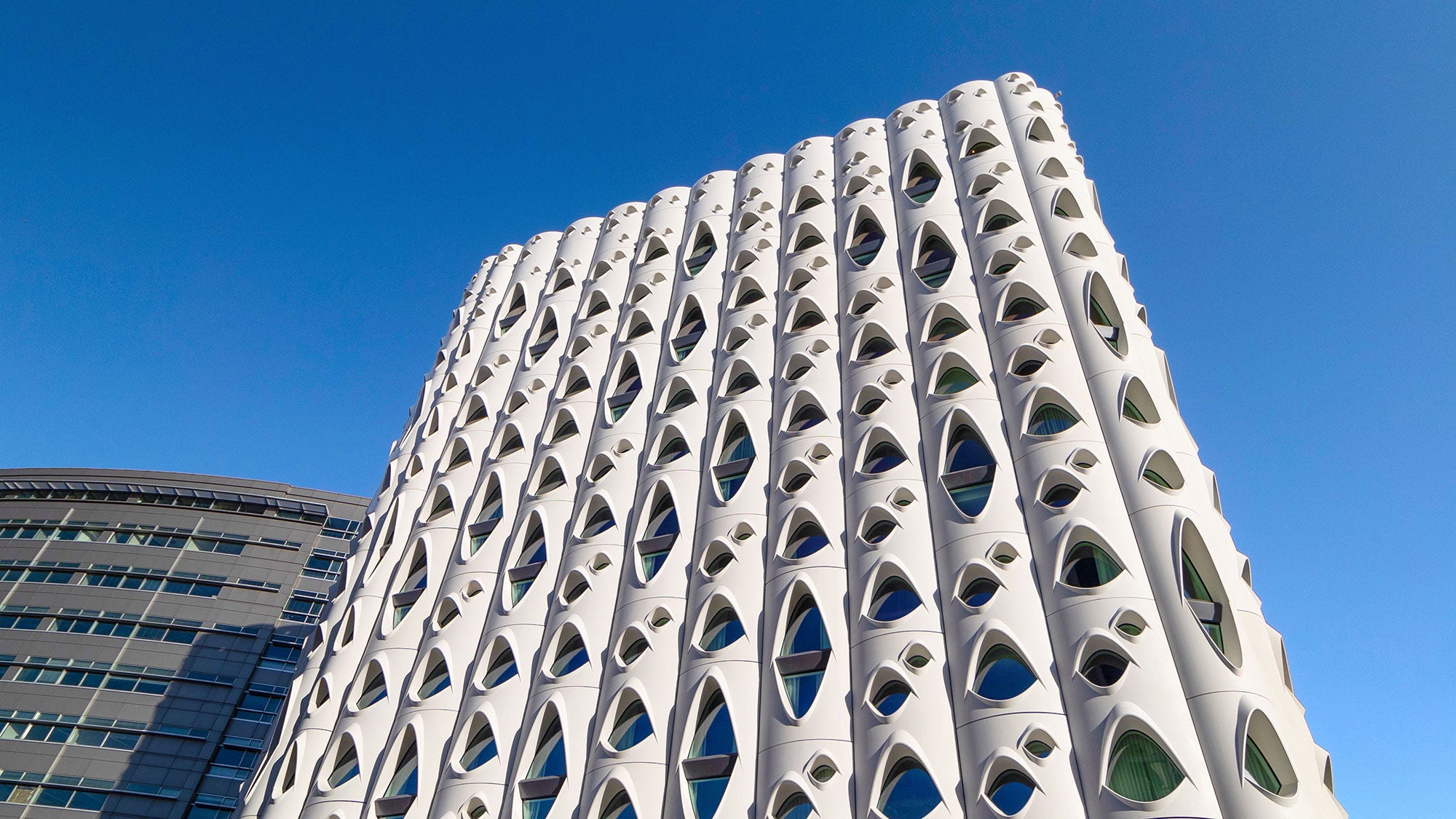 Low-angle view of Populus’s white, eye-patterned concrete facade against a clear sky in downtown Denver.