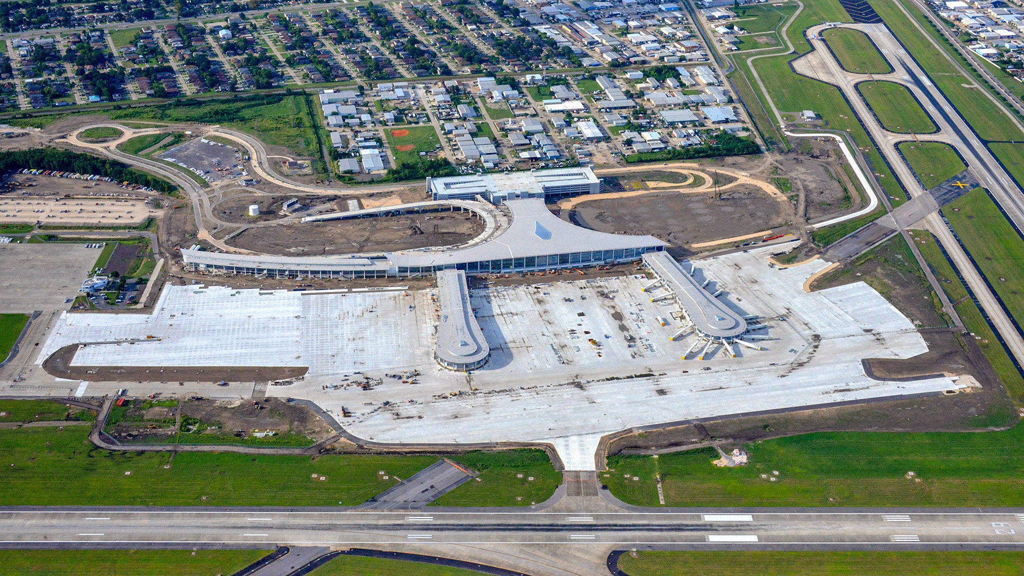 A large airport terminal as seen from above