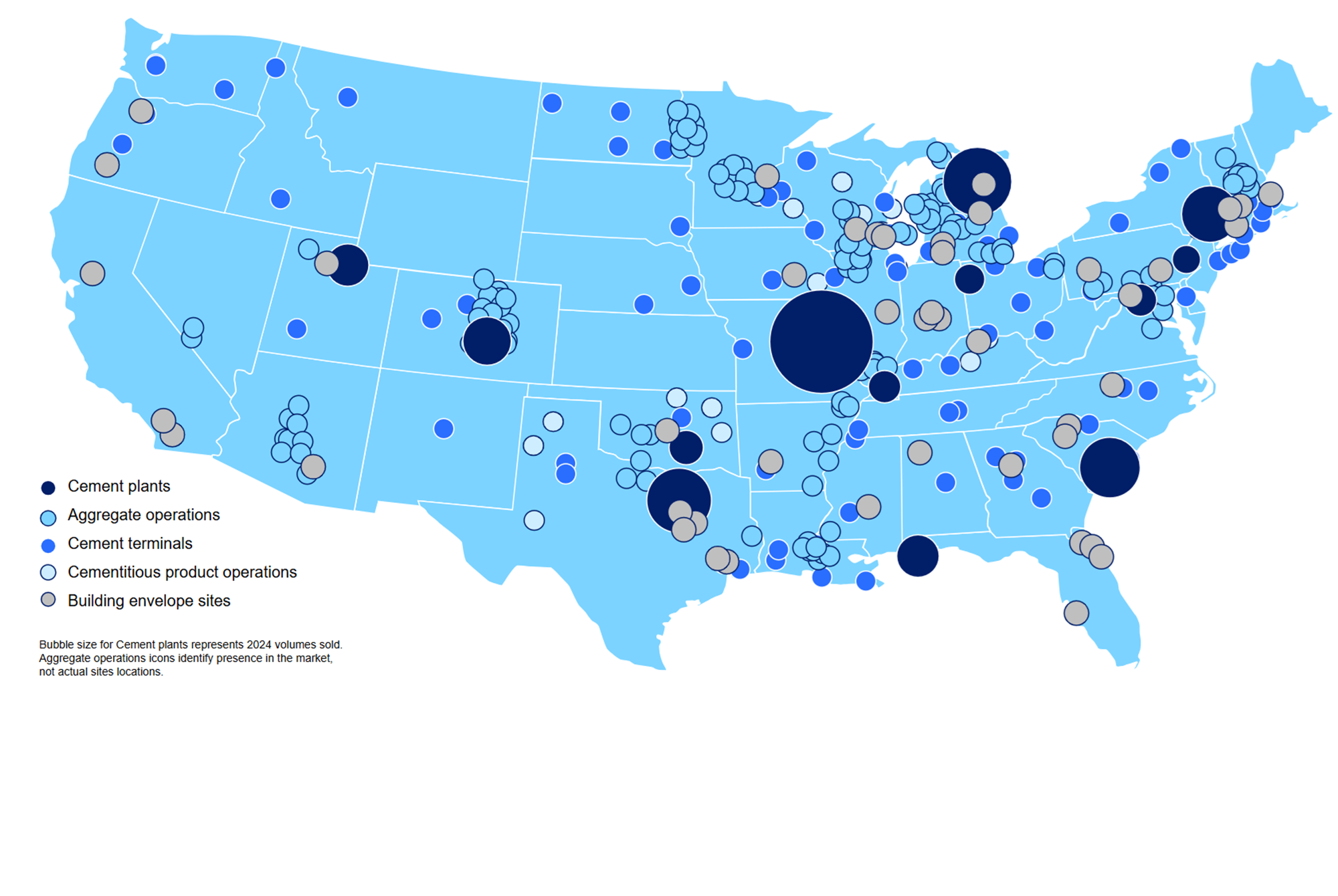 A map of the United States with circles of different sies representing Amrize's business locations