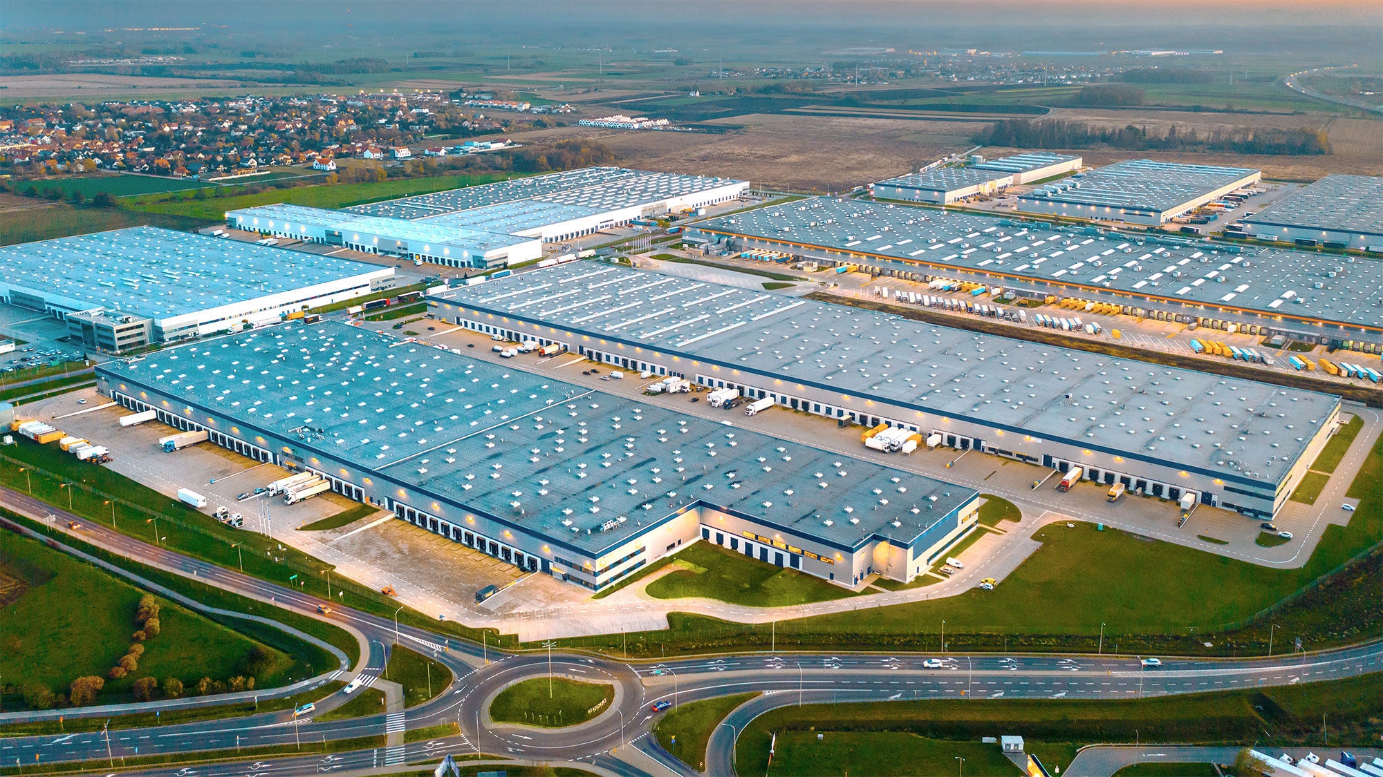 A large logistics complex of warehouses and docking bays