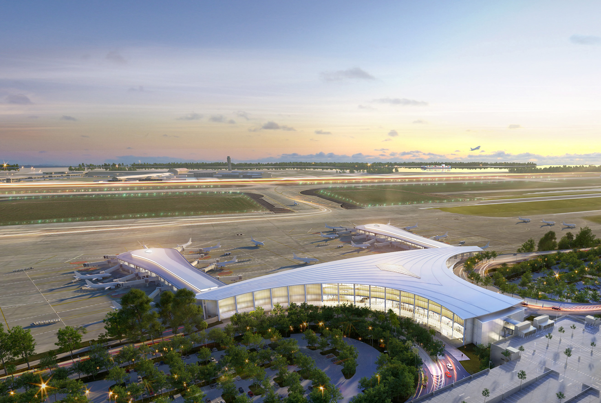 A rendering of a large airport at sunset