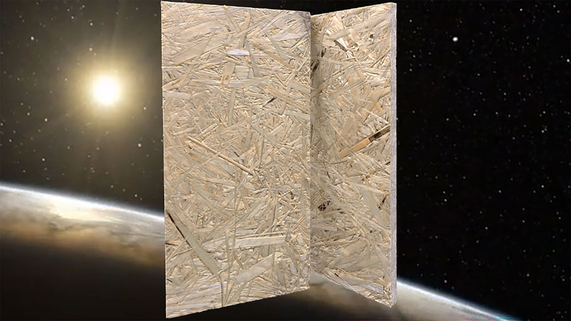 Plantd's wall panel product surrounded by a dark space-like background scenery.