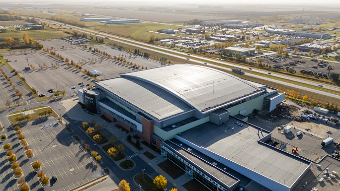 An aerial photo of the Alerus Center in Grand Forks, North Dakota