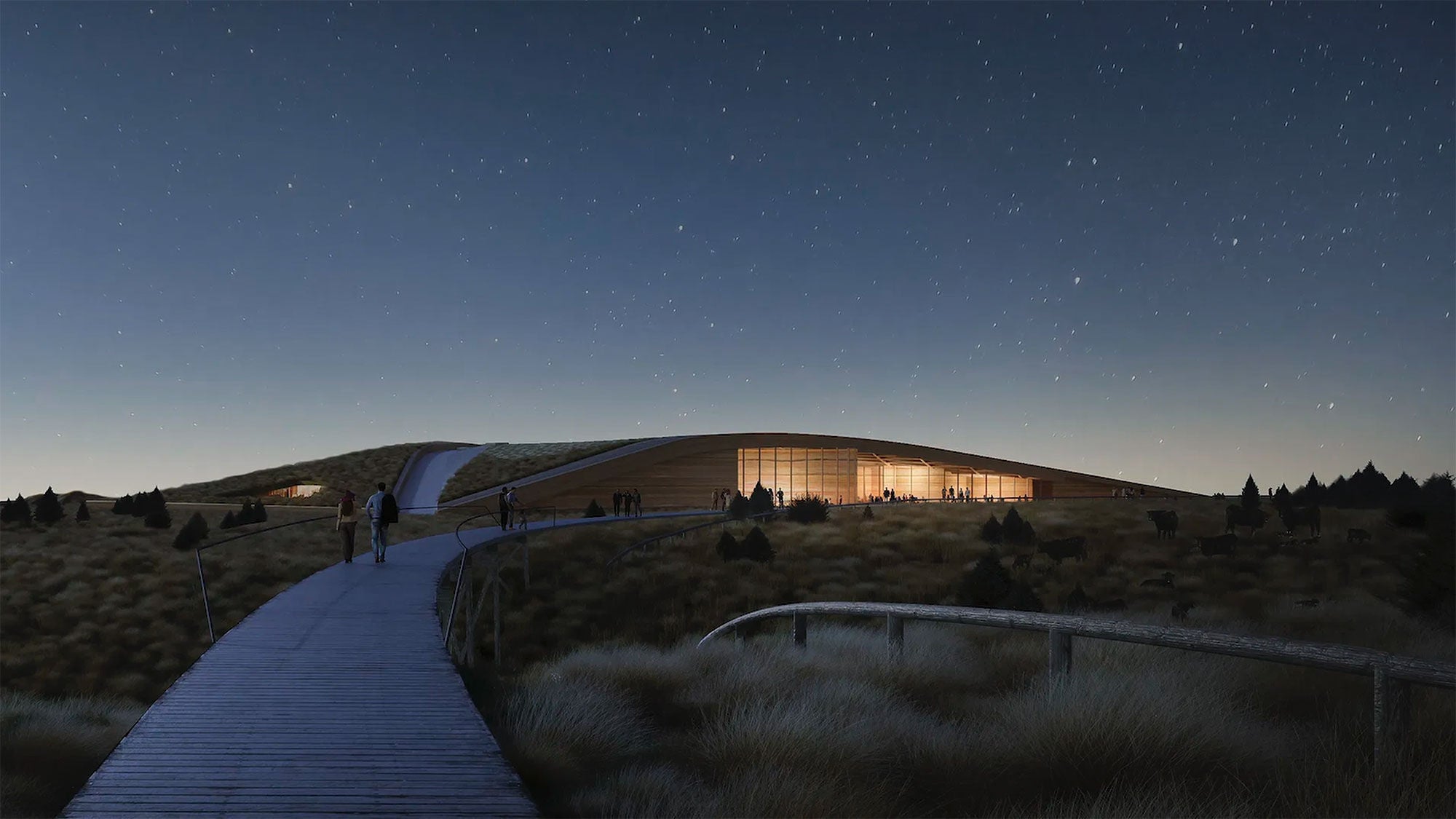Night architectural rendering of the Theodore Roosevelt Presidential Library showing a boardwalk leading toward a modern earth-sheltered building under a starry sky.