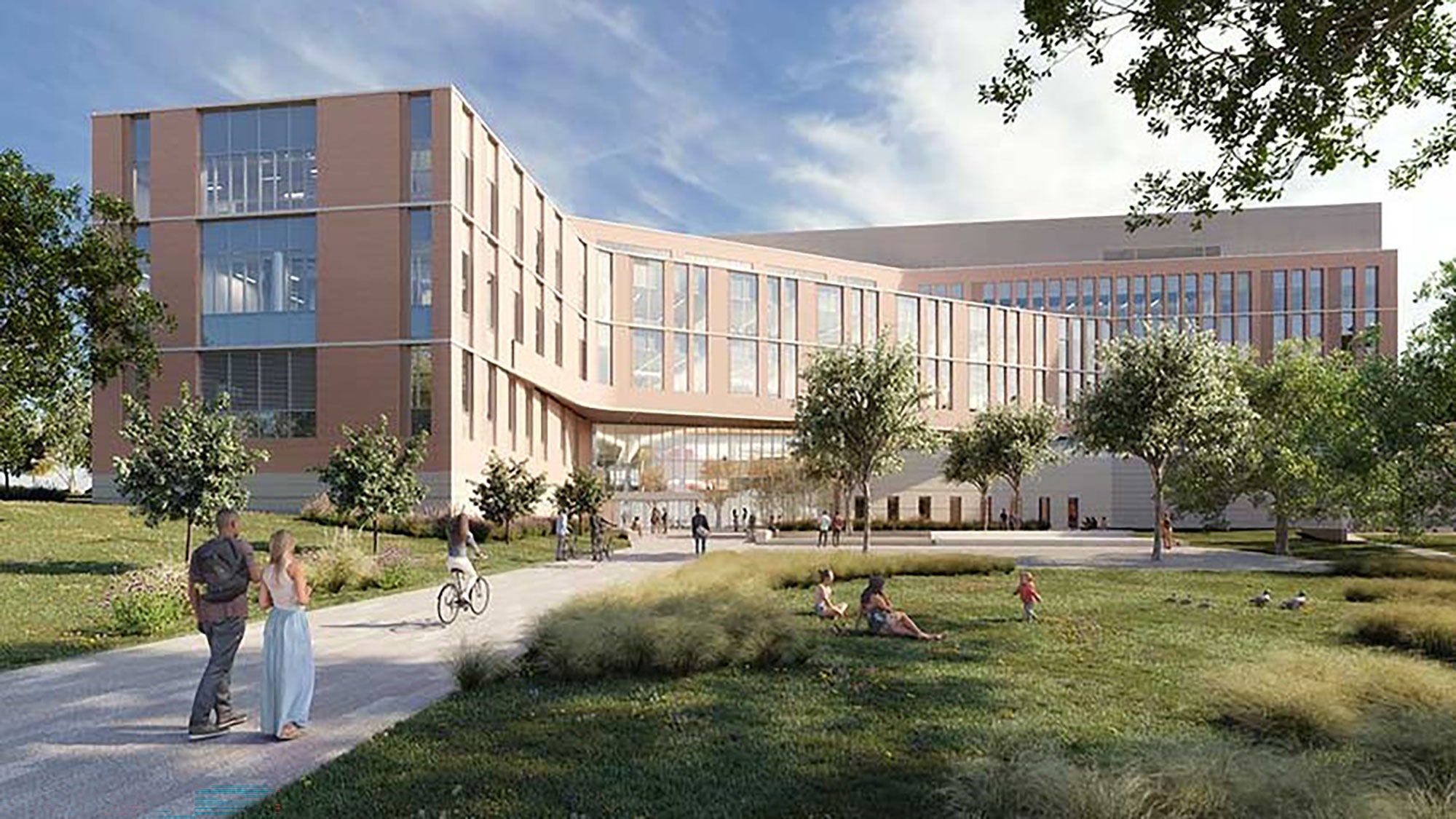 A rendering of the USA's new Whiddon College of Medicine building, with large windows set amid a green park. People walk, cycle and relax on the grass.