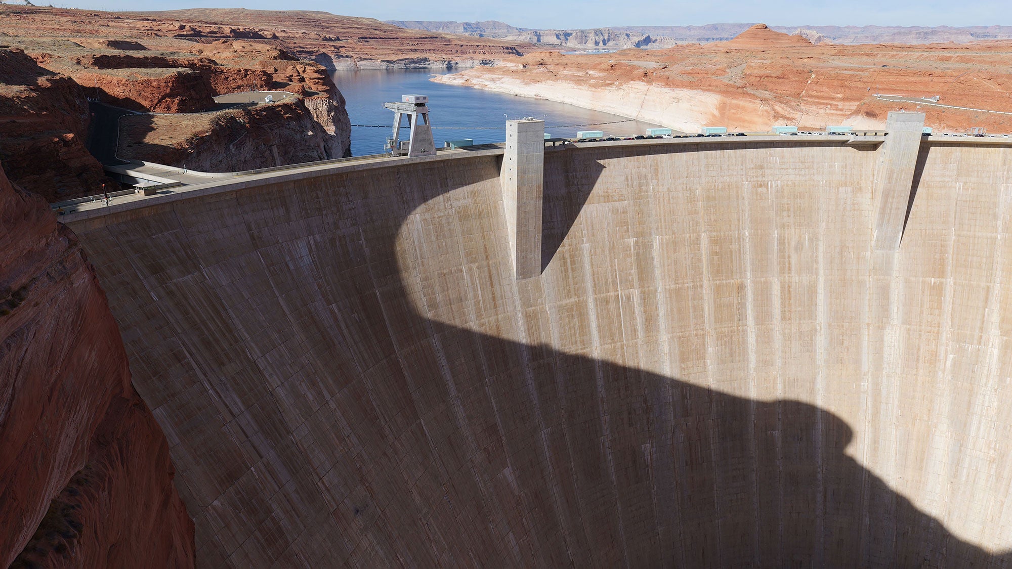 The Hoover Dam wall, towering high over a canyon.