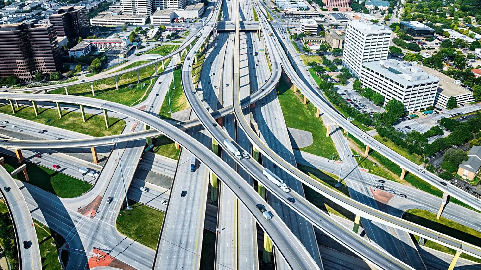 A large urban highway interchange seen from above