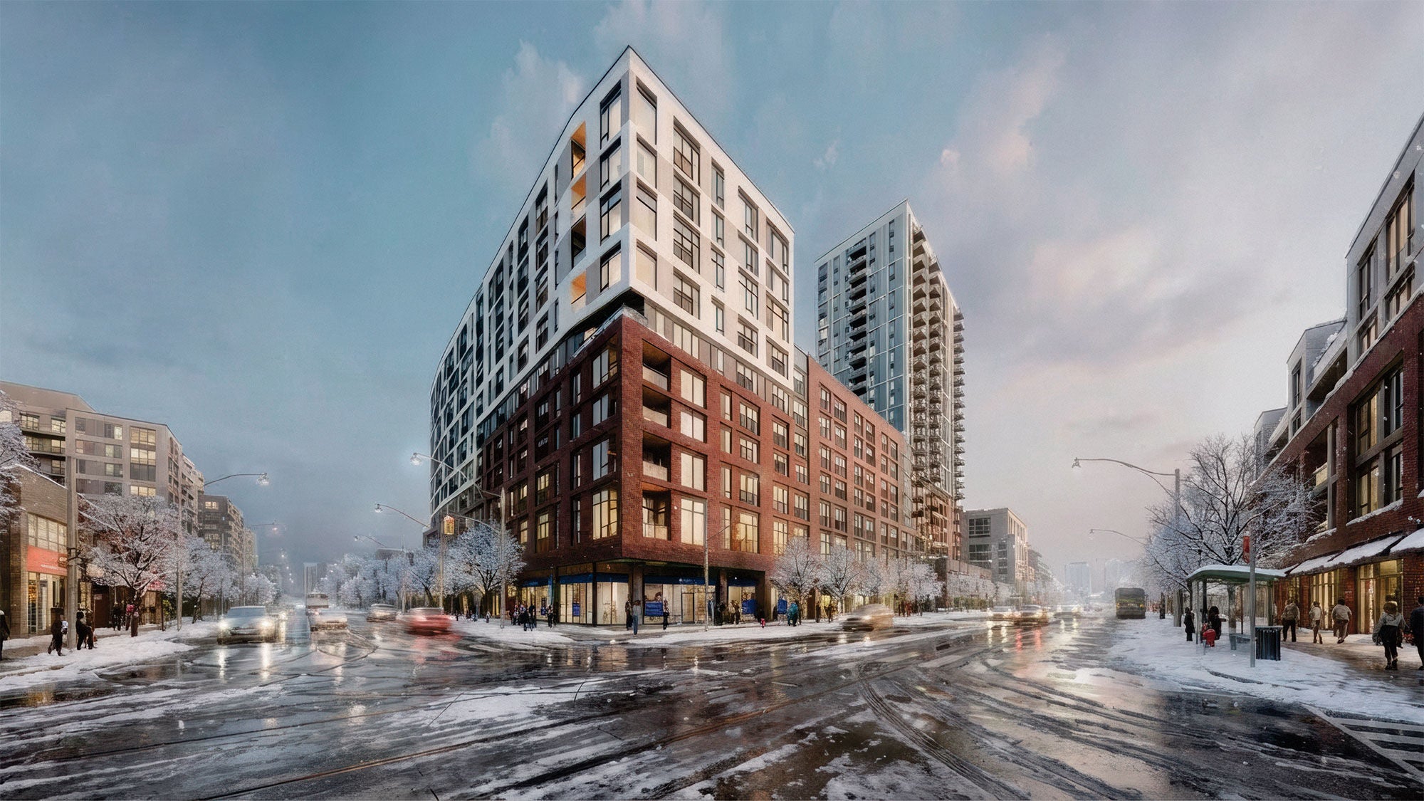 A concrete residential building on a corner in the midst of a wintry scene