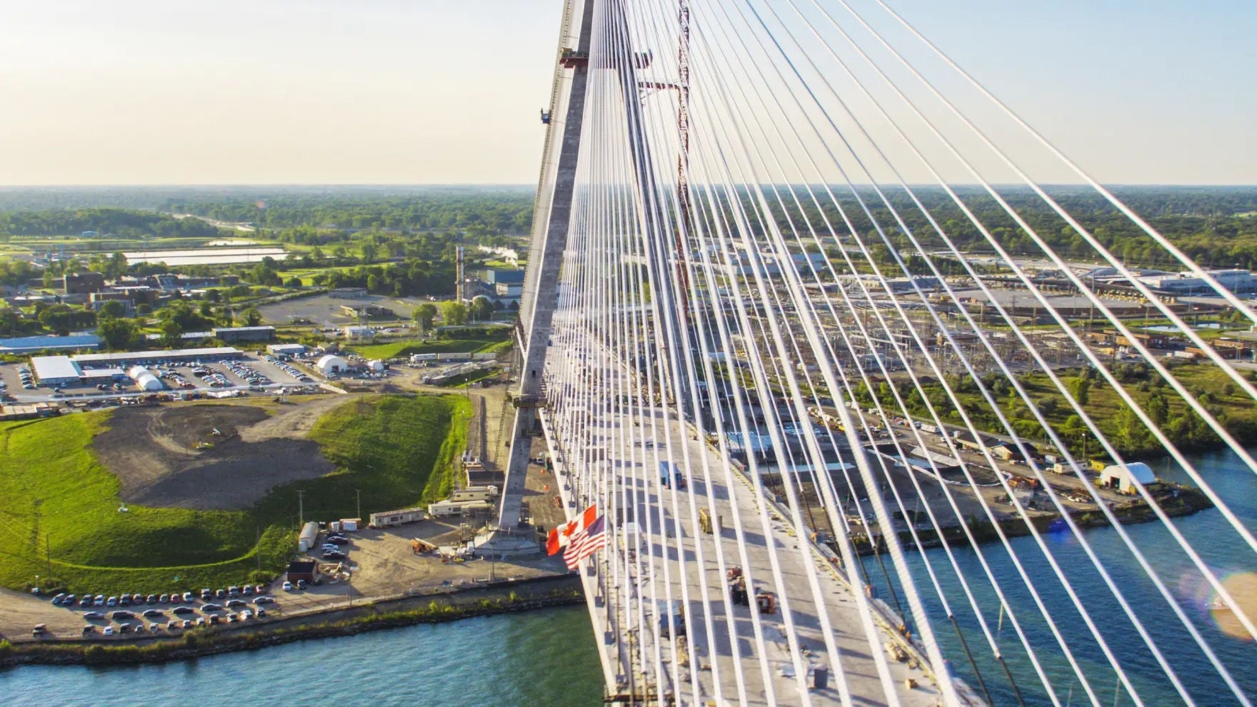 Aerial view of Gordie Howe Bridge, close-up of suspension cables